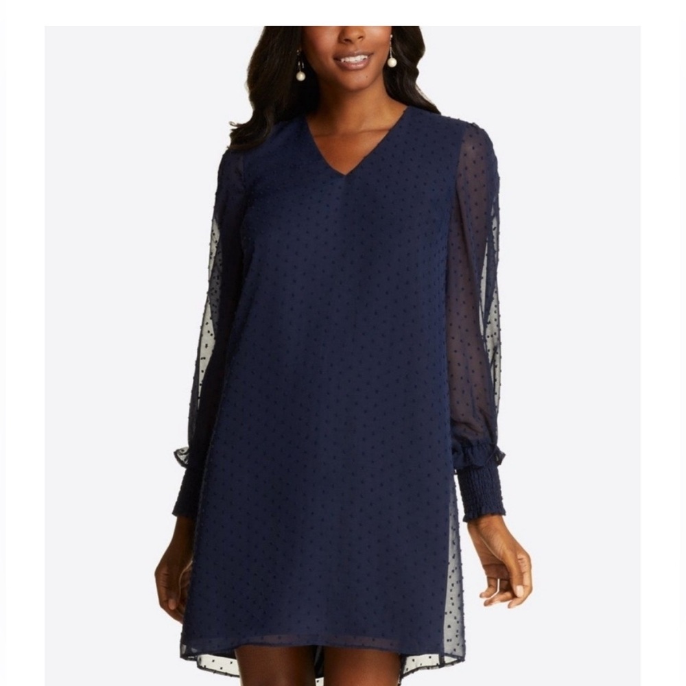 Draper James Navy Swiss Dot V-Neck Chiffon Shift Dress